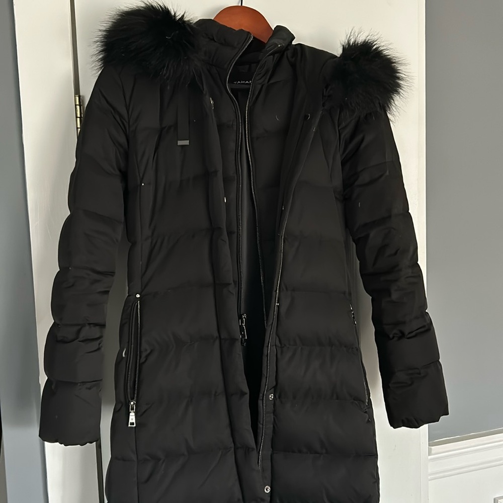 Elle Tahari Black Long Maxi Puffer Winter Coat Detachable Fur Hood